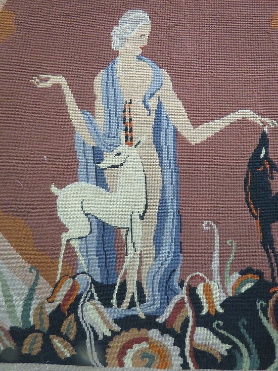 French Art Deco Tapestry Style Jean Dupas Maiden With Fawns